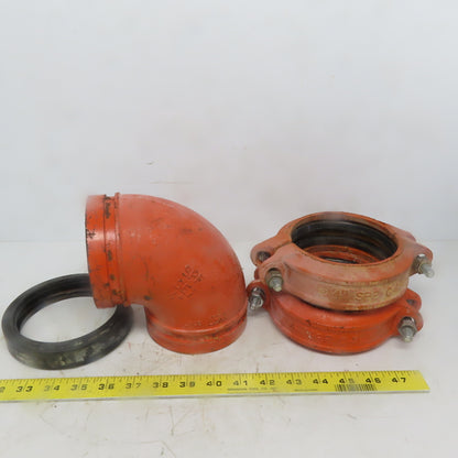 SPF ST1 4" Ductile Iron 4"x4" 90° Fitting Pipe Grooved W/2 Coupling Clamps