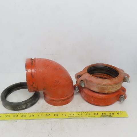 SPF ST1 4" Ductile Iron 4"x4" 90° Fitting Pipe Grooved W/2 Coupling Clamps
