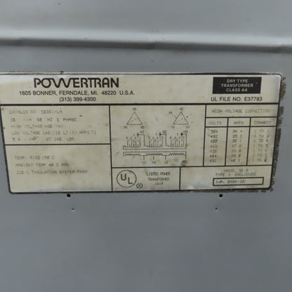 Powertran 50361-LM 30kVA Transformer 3PH HV 480V LV 240/120V 60HZ Type 1 Enc.