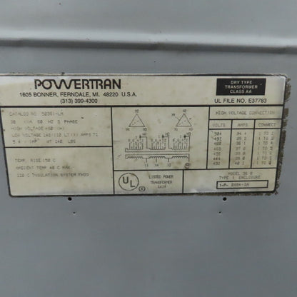 Powertran 50361-LM 30kVA Transformer 3PH HV 480V LV 240/120V 60HZ Type 1 Enc.