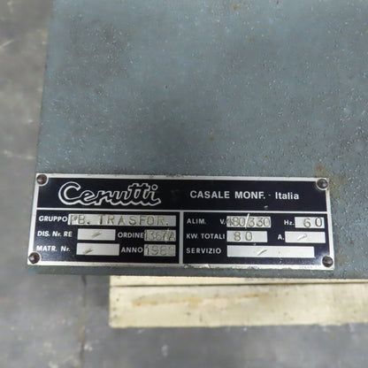 Cerutti 1367/A PB. 80kVA Transformer Primary 480V Secondary 330V 3PH 60HZ Tested