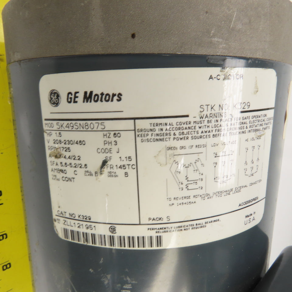 GE 5K49SN8075 1.5HP AC Electric Motor 1725RPM 230/460 3PH 145TC Fr. No Fan Cover