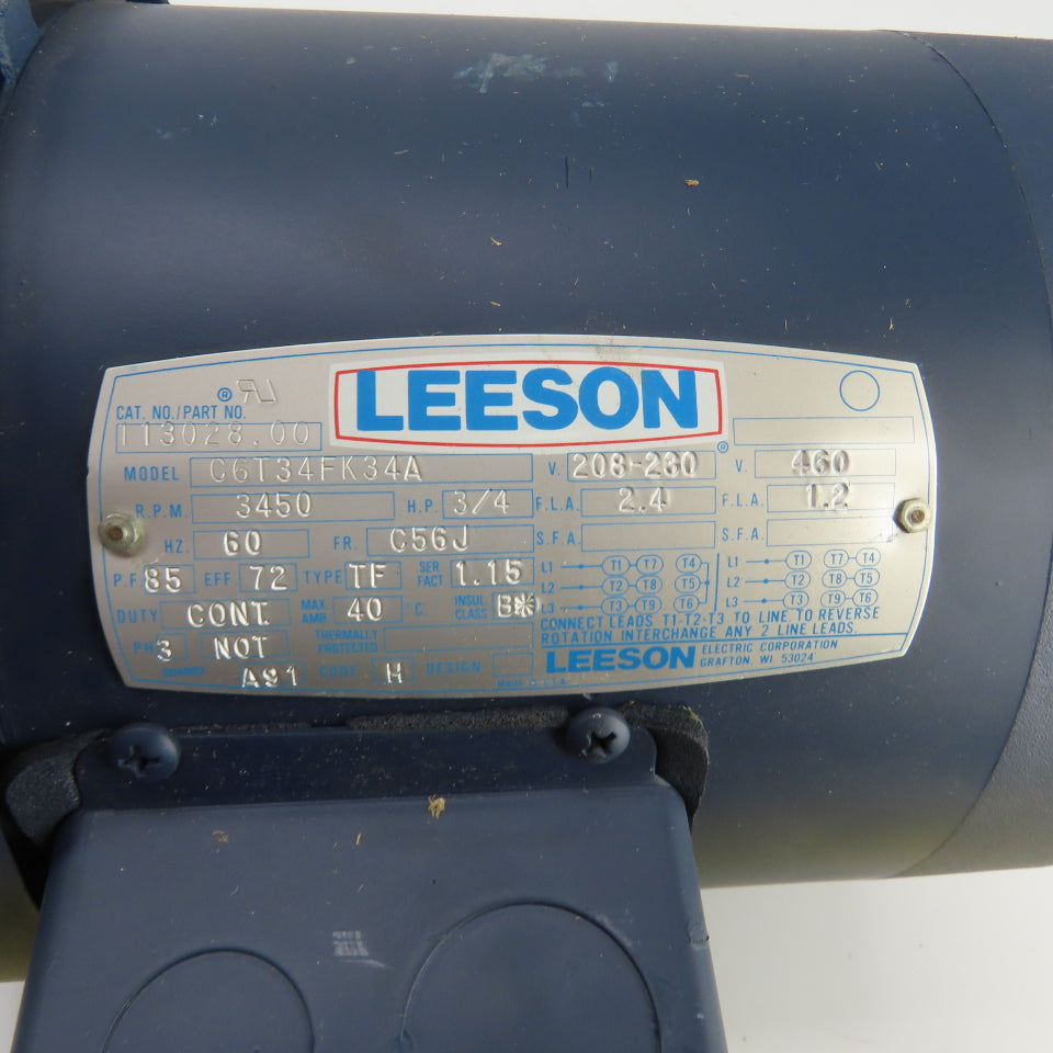 Leeson 113028.00 3/4HP AC Electric Motor 3450RPM 208-230/460 3PH C56J Frame