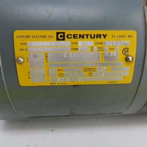 Centruy 8-125761-01 1/3HP AC Electric Brake Motor 1600RPM 110V 3PH B56C Frame