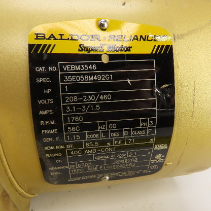 Baldor VEBM3546 1HP AC Electric Motor 1760RPM 230/460V 3PH 56C Frame No Brake