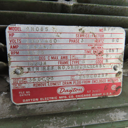 Dayton 9N085 3HP AC Electric Motor 3525RPM 230/460V 3PH 182JM Frame (Tested)