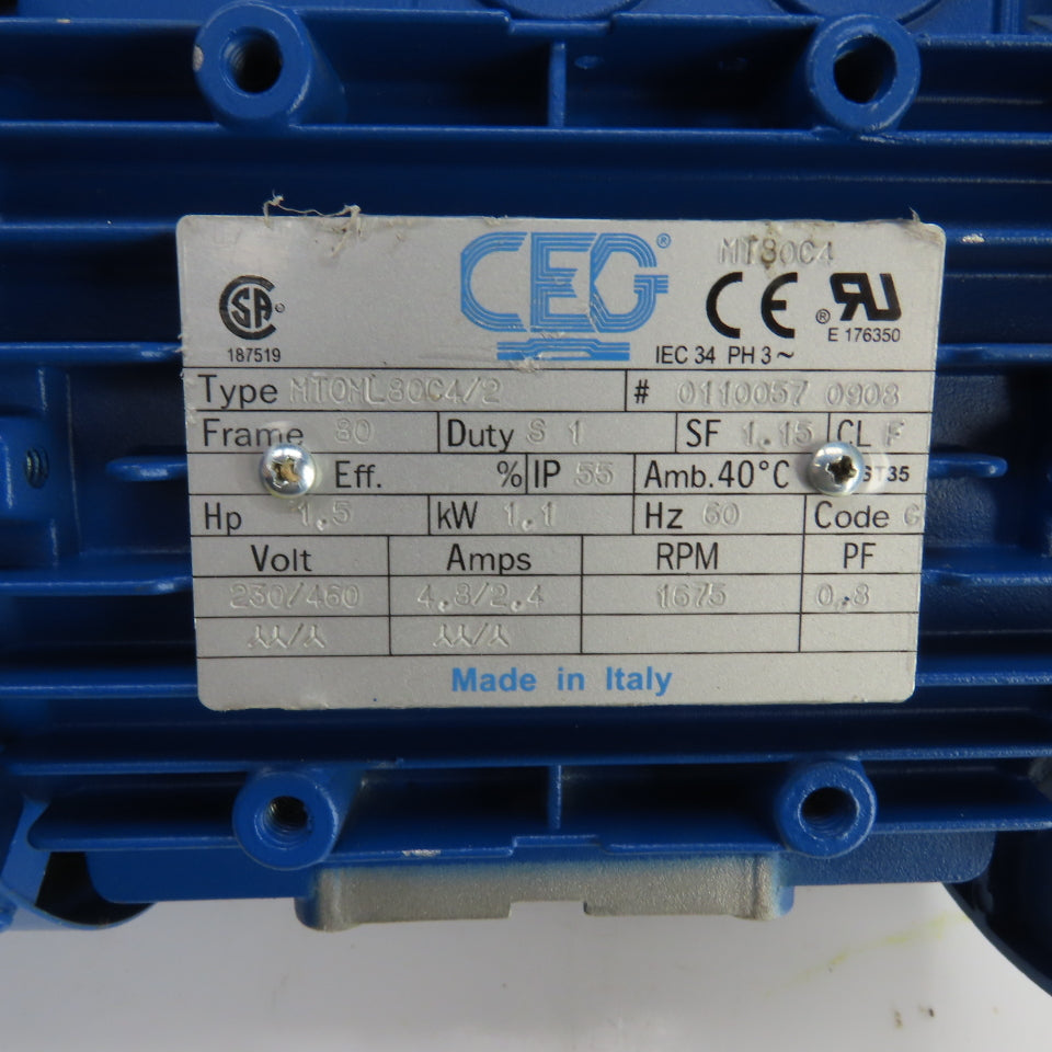 CEG MT0ML80C4/2 1-1/2HP AC Electric Motor 1675RPM 230/460V 3PH 80 Frame (Tested)