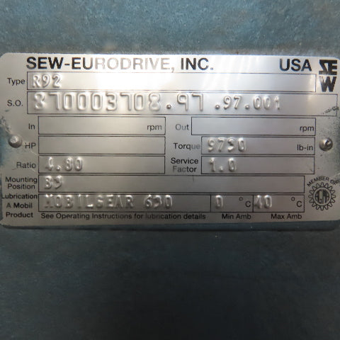 Sew Eurodrive 870003708.97.97.001 Gear Box Speed Reducer 4.80:1 Ratio 9730 TQ