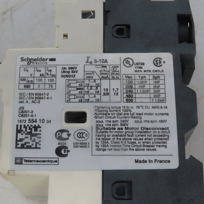 Schneider Electric GV2RT14 Manual Motor Starter 600V 3Ph 5Hp W/6-10A Overload