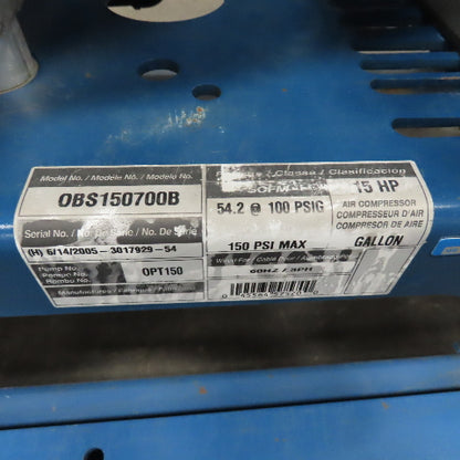 Powerex OBS150700B Medical Grade Reciprocating Piston Air Compressor 15Hp