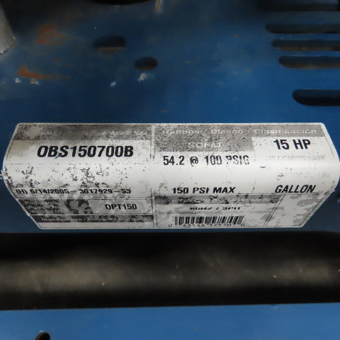 Powerex OBS150700B Medical Grade Reciprocating Piston Air Compressor 15Hp