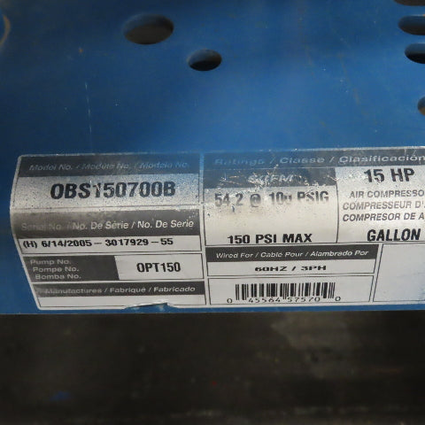 Powerex OBS150700B Medical Grade Reciprocating Piston Air Compressor 15Hp