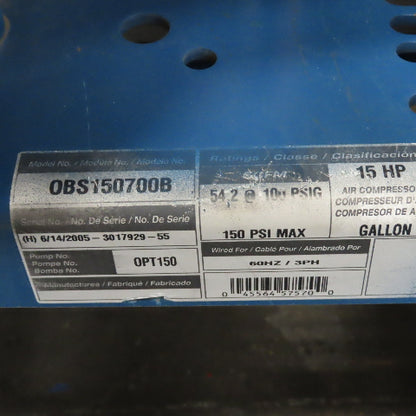 Powerex OBS150700B Medical Grade Reciprocating Piston Air Compressor 15Hp