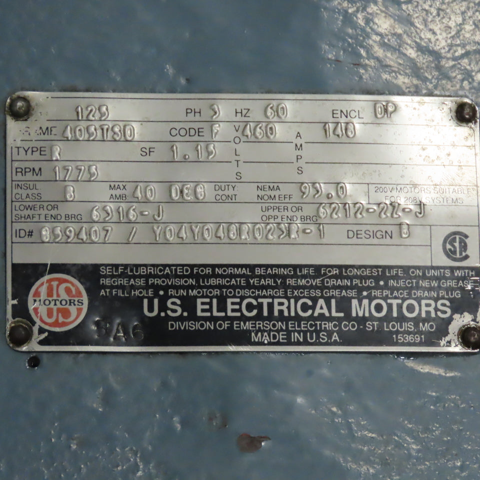 US Motor 125Hp 460V 3Ph 1775RPM AC Flange Mount 405TSD Motor 2" Shaft