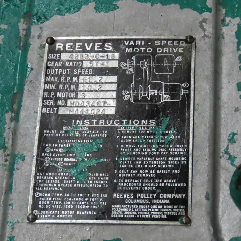 Reeves 4283-C-18 Vari Speed 57:1 Ratio 3Hp 10-61RPM Moto Drive 220/440V 3Ph