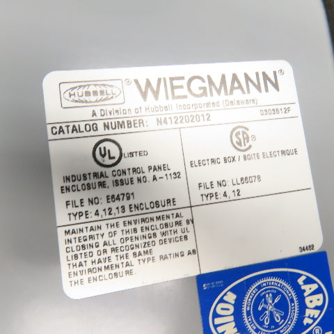 Wiegmann N412202012 20" x 20" x 12" Electrical Enclosure Junction J-Box