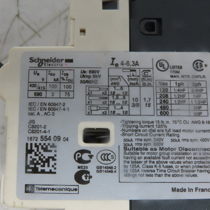 Schneider Electric CV2-RT10 Manual Motor Starter 3 Pole 600V 5Hp 4A-6.3 Overload