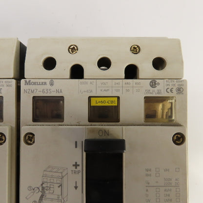 Moeller NZM7-63S-NA Busbar Mounted Breaker Assembly (3) 63A (1) 40 Amp Lot Of 4