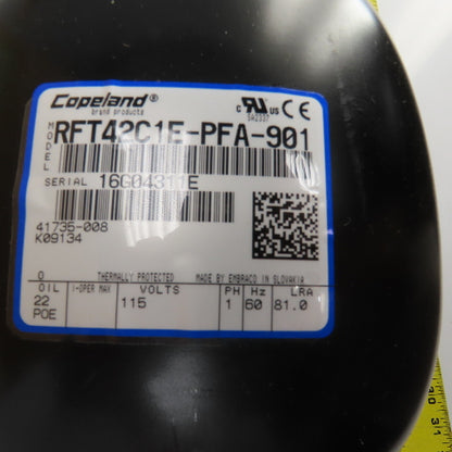 Copeland RFT42C1E-PFA-901 Low Temp Hermetic Compressor 115V 1PH W/Cap & Relay
