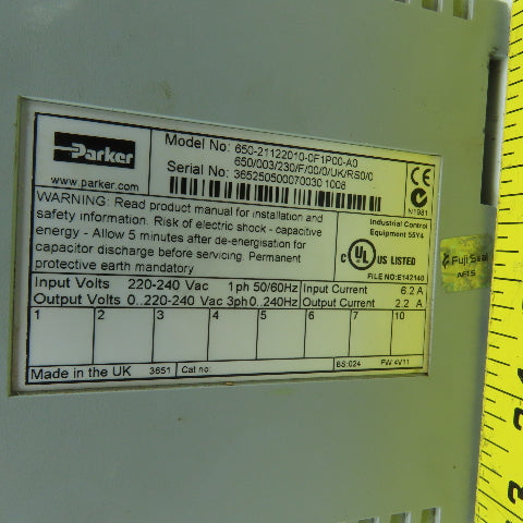 Parker 650-21122010-0F1P00-A0 1/2HP AC Drive 0-240V 3PH 2.2A Output