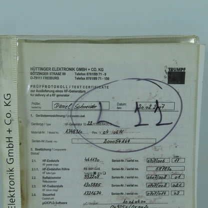 Huttinger Trumpf IS 22/13560 LS3 A3483A HF Generator Manual