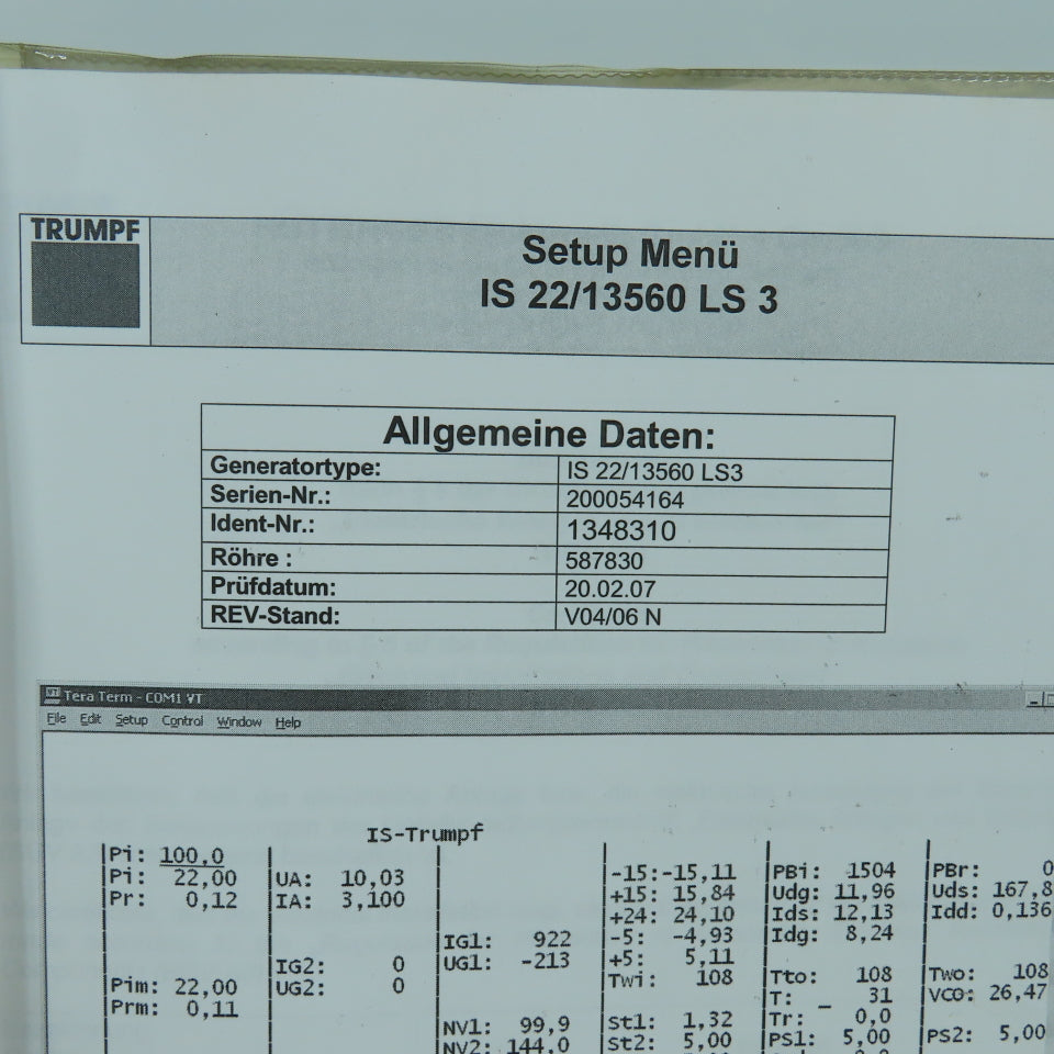 Huttinger Trumpf IS 22/13560 LS3 A3483A HF Generator Manual