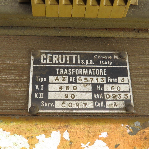 Cerutti Type AZ 0935kVA Transformer Primary 480V Secondary 90V 3PH 60HZ