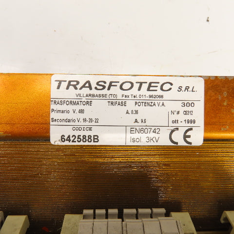 Trasfotec SRL 642588B 300VA Transformer Pri 480V 0.36A Sec 18/20/22V 9.6A 3PH