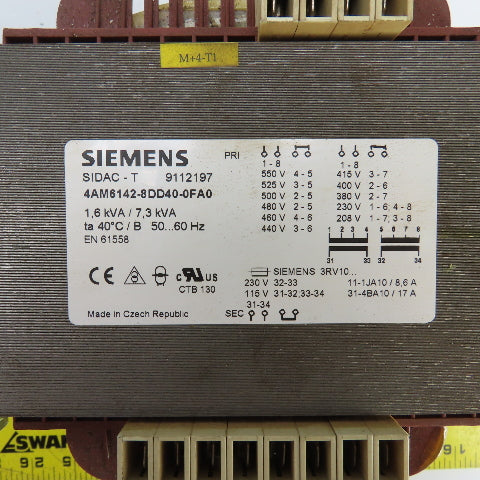 Siemens 4AM6142-8DD40-0FA0 1.6/ 7.3kVA Transformer Pri 208-550V Sec 230/115V 1PH