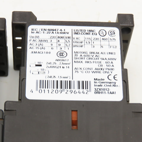 Siemens 3ZX1012-0RH11-1AA1 600V 20A 7.5Hp Motor Starter Contactor Lot Of 2