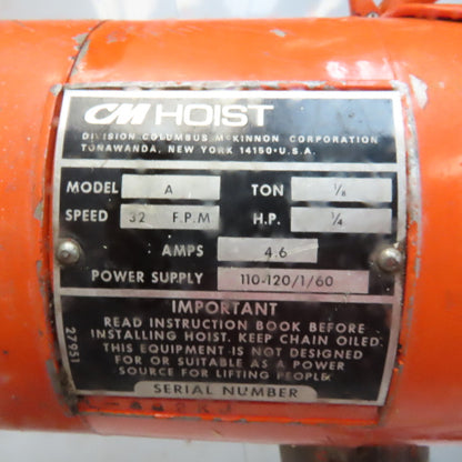 Lodestar Model A 1/8 Ton Electric Chain Hoist 10' Lift 32FPM 120V 1Ph