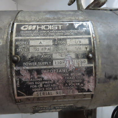 Lodestar Model A 1/8 Ton Electric Chain Hoist 10' Lift 32FPM 120V 1Ph