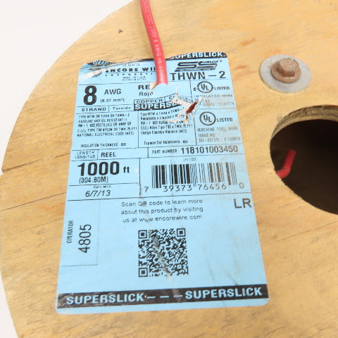 Encore 118101003450 8 AWG Strand Copper Wire THWN-2 RED 100'
