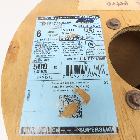 Encore 118101202440 6 AWG Strand Copper Wire T90/TWN White 600V 80'