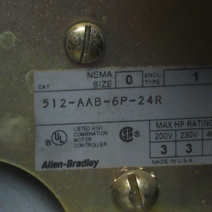 Allen Bradley 512ABB-6P-24R Combination Motor Starter Enclosure 509-A0D Sze 0