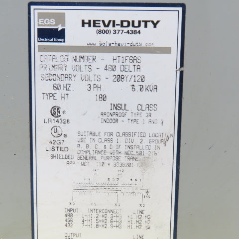 Hevi Duty HT1F6AS 480V Delta Pri 6kVa 208Y/120V Sec 3R Outdoor Transformer