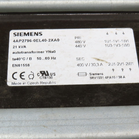 Siemens 4AP2796-0EL40-2XA0 480/440V Pri 21kVa 400V Sec 30.3A Autotransformer