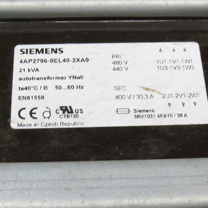Siemens 4AP2796-0EL40-2XA0 480/440V Pri 21kVa 400V Sec 30.3A Autotransformer