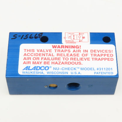 Aladco 311201 Nu-Check Pneumatic N/C Check Valve Manual Override 1/8"NPT