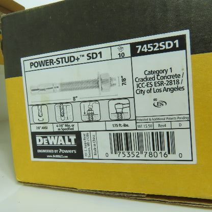 Dewalt 7452SD1 Power-Stud+ SD1 7/8" x 8" L Carbon Steel Wedge Anchors Box Of 10