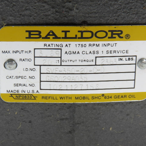 Baldor SVF-350-20-0-D 20:1 Ratio Right Angle Gear Reducer 87.5RPM 3.89Hp Max