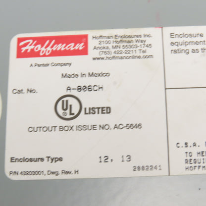 Hoffman A-806CH 8" x 6" x 3-1/2" Electrical Enclosure W/ Back Plate Type 12,13