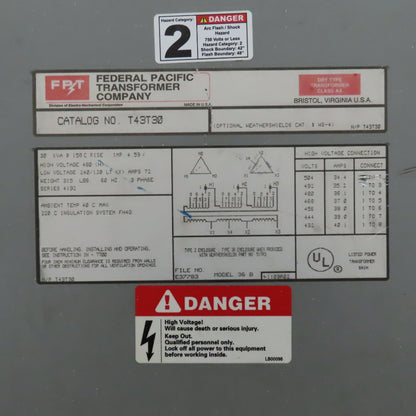 Federal Pacific T43T30 480V Pri 240/120 Sec 30kVa 3Ph Type 3R Transformer