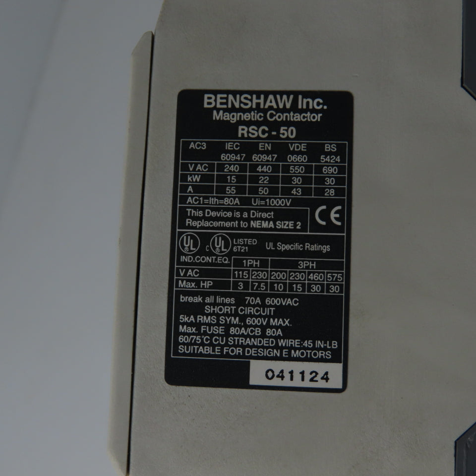 BENSHAW RSC-50 3 Pole Contactor 600V 30HP 120V Coil w/SPO-85 Overload Relay