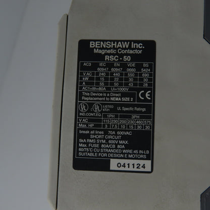 BENSHAW RSC-50 3 Pole Contactor 600V 30HP 120V Coil w/SPO-85 Overload Relay