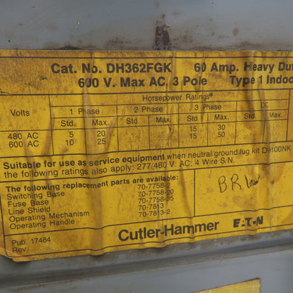 Cutler Hammer DH362FGK 60A 600V 3P 50HP Max Fusible Type 1 Safety Disconnect