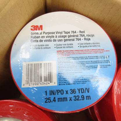 3M General Purpose Vinyl Tape 764-Red 1" W x 36 Yards Long Box Of 26 Rolls