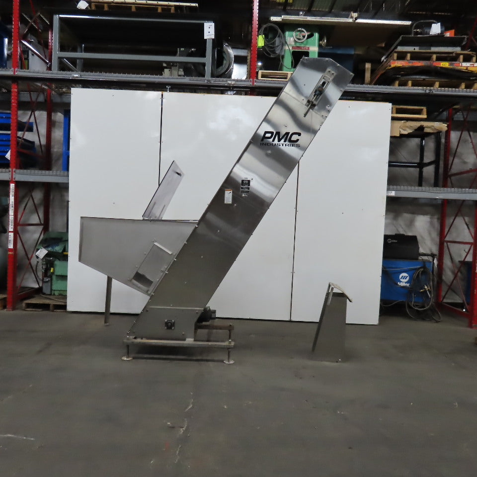 PMC BS-2100 12" x 9' Elevator Feed Discharge Stainless 60° Incline Conveyor 3Ph