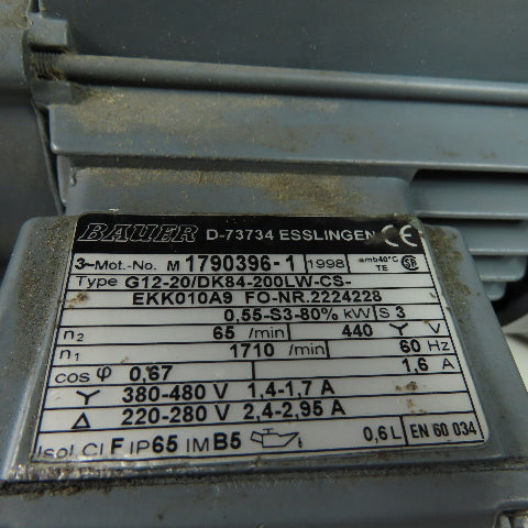Bauer G12-20/DK84-200LW 25.5:1 Ratio .55kW 60Hz Motor Gearbox W/Brake 208-480V