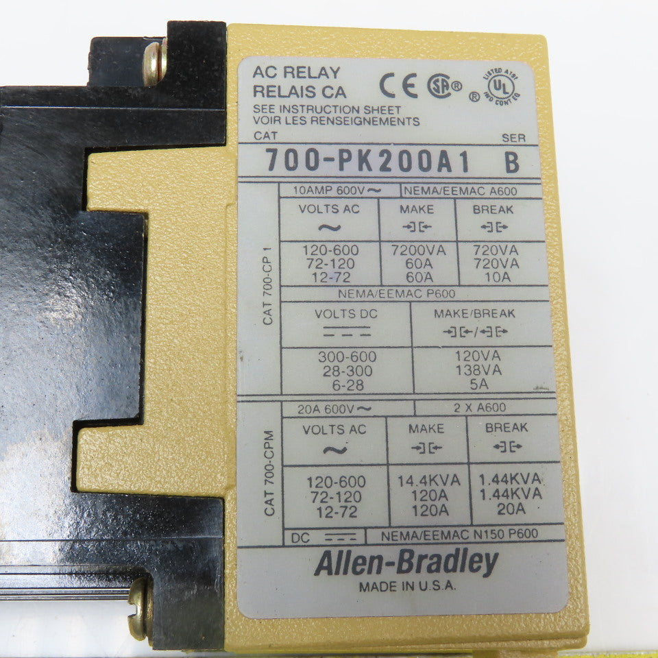 Allen Bradley 700-PK200A1 600V AC Relay Contactor 115/120V Coil Lot Of 2